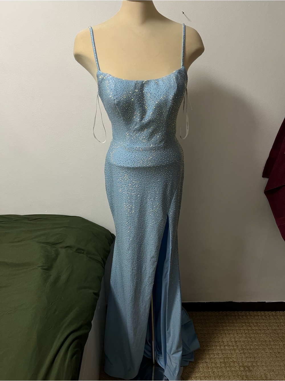 Sherri Hill Light Blue Spaghetti-Strap Beaded Prom Gown